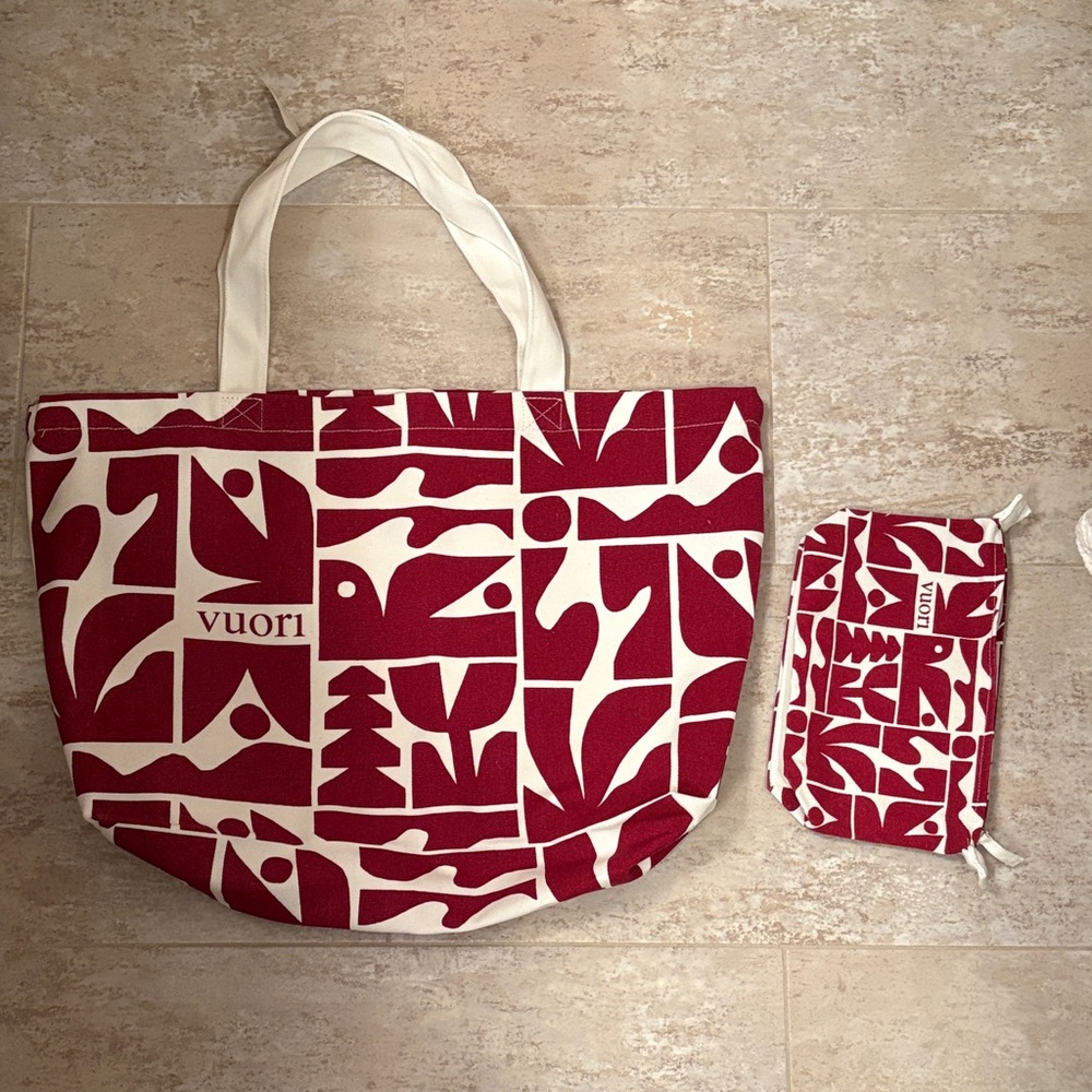 Vuori holiday tote and clutch
